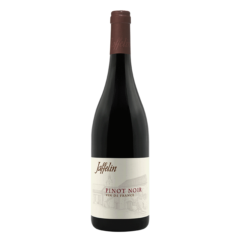 Bottle of Jaffelin Vin de France Pinot Noir red wine from Burgundy, France, featuring a cream label with vineyard illustration and displayed against a plain light background.